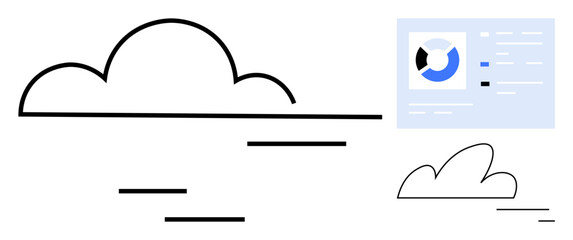 Cloud diagrams with horizontal lines and data visualization screen. Ideal for technology, cloud service, analytics, innovation, strategy, software, simple landing page