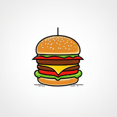 This image features a cartoon-style cheeseburger with lettuce, tomato, cheese, and two beef patties on a sesame seed bun. The playful, minimal design is set against a white background.
