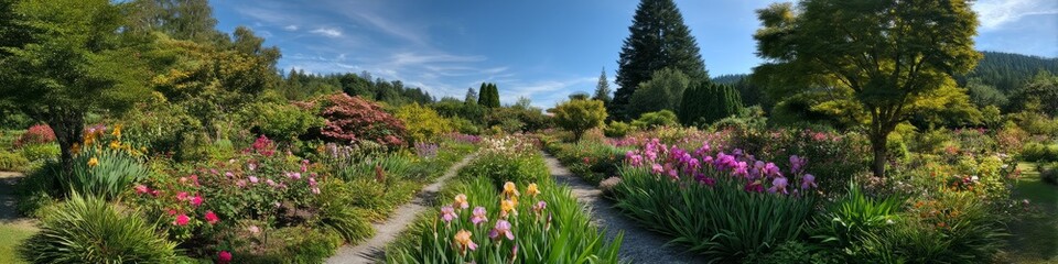 Blooming flower garden scenic nature landscape vibrant colors sunny day panoramic view for relaxation