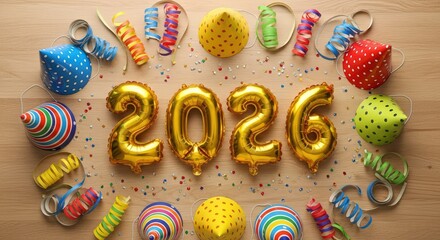 A festive New Year's Eve celebration background for 2026 featuring golden foil balloons, colorful party hats, and streamers