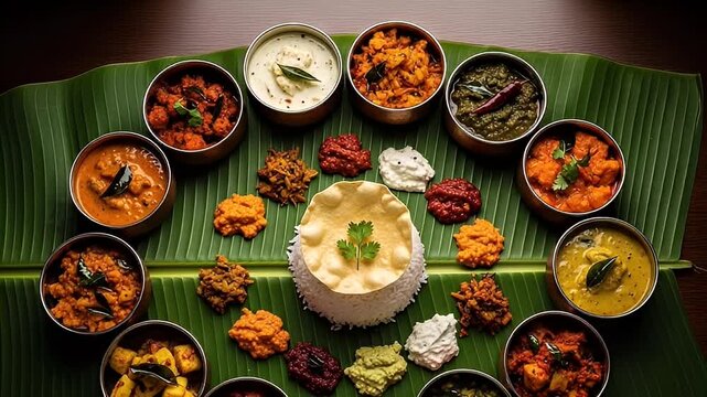 Overhead View of Traditional Indian Thali Meal with Colorful Dishes on Green Banana Leaf in Wooden Table Rustic Setting