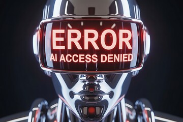 Futuristic robot bust with glowing red error ai access denied display screen