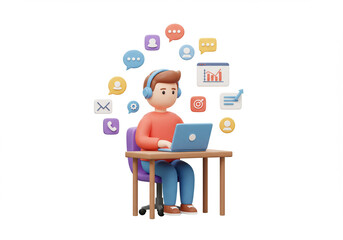 Cartoon Character Working on Laptop with Communication Icons