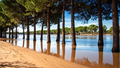 Sunny flooded shoreline with pine trees