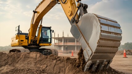 Fototapeta premium A yellow excavator in action on a construction site. The excavator's bucket digs into the dirt, with construction work in the background