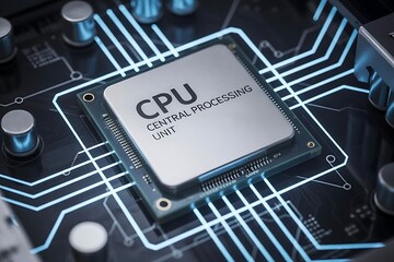 High detail close up top down view of a central processing unit cpu on motherboard technology