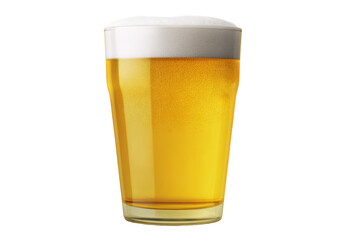 A glass of beer is full and has foam on top