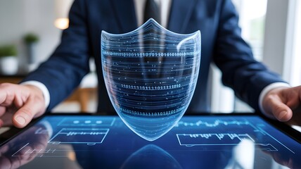 Businessman with the glowing digital shield, highlighting cybersecurity and data protection. The shield represents security and the futuristic interface is a modern visual representation.
