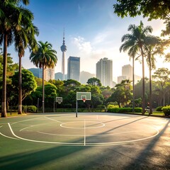 Obraz premium Park Basketball Court Sunrise Cityscape