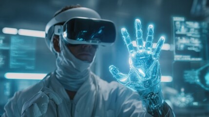 Doctor using VR headset with robotic hand interface in futuristic hospital, medical training concept