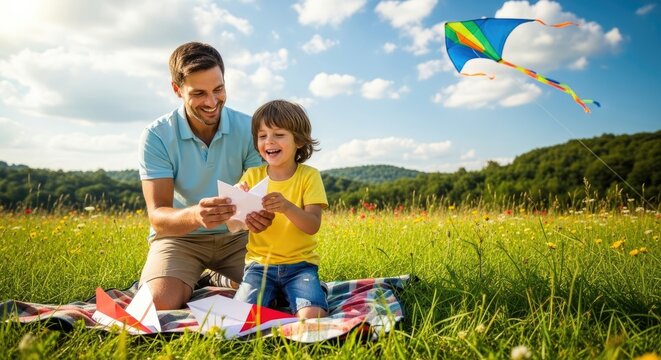 A father and son laugh in a grassy field while seated on a blanket building paper airplanes with a kite flying overhead