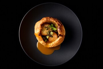 Elegant gourmet dish with savory pastry and sauce on dark plate