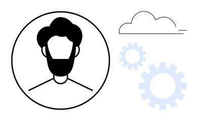 Abstract male profile avatar encircled by gears and cloud outline. Ideal for teamwork, innovation, technology, brainstorming, personal development, networking, digital solutions. Simple flat metaphor