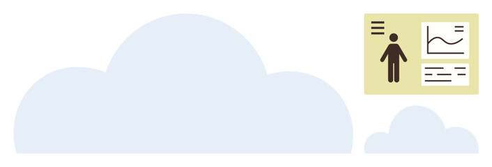 Large cloud shapes paired with a data sheet featuring a person infographic and charts. Ideal for technology, cloud computing, data analysis, digital storage, infographics, analytics, simple flat