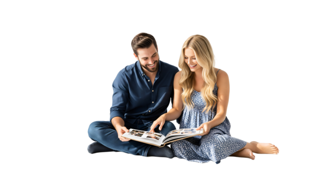 Two people looking at a photo album