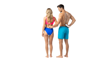 Two people applying sunscreen to each other's backs