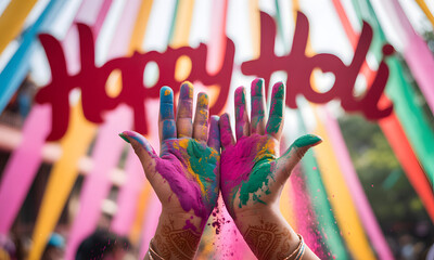 Obraz premium Colorful holi hands uplifted