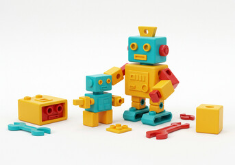Colorful Plastic Toy Robots with Building Blocks