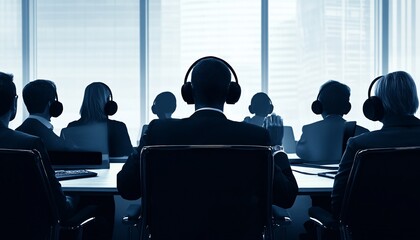 Obraz premium Several businesspeople wearing headphones are sitting in chairs around a large table in an office, facing away from the camera.