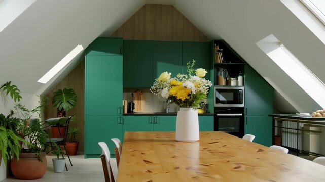 Modern attic kitchen with green cabinets, wooden table and fresh flowers
