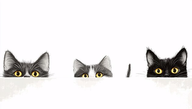 The illustration shows three cats with different fur colors, their heads and eyes visible above a white surface, creating a playful and intriguing scene.