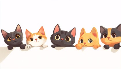 Obraz premium The illustration shows five kittens with different fur colors looking over a white surface, their paws resting on the edge.