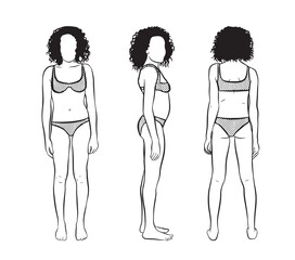  Curly haired woman in underwear posing from front, side and back. Isolated on transparent background.
