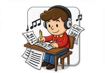 Cartoon Boy Writing Music with Headphones Illustration