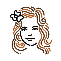 Beautiful little girl doodle face with brown hair. Hand drawn doodle for sticker, postcard, wallpaper, mural, fabric, prints, etc.