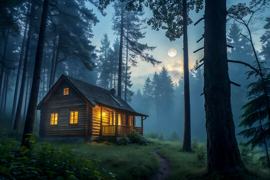 Cozy log cabin bathed in moonlight in a misty forest - Powered by Adobe