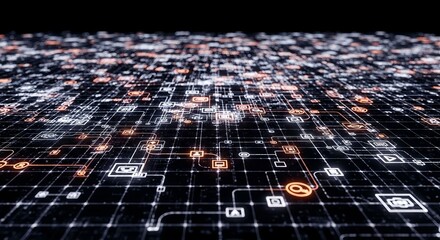 Abstract digital network visualization with interconnected data points and glowing symbols in a modern design