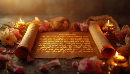 Bhagwat  Geeta Ancient Scroll, Illuminated Manuscript, Golden Text, Romantic Setting, Candles, Roses, Mystical Atmosphere, Spiritual script,  Serene,  Warm Lighting.