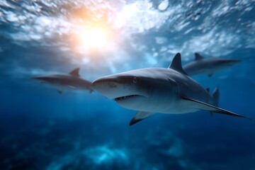Group of sharks swimming underwater with sunlight filtering through ocean waves