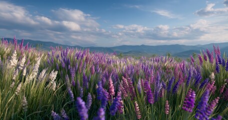 Fototapeta premium Blooming lavender field mountain valley landscape photography bright daylight wide angle natural beauty