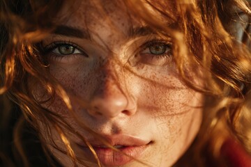 Stunning portrait captures a young woman's captivating green eyes and freckled skin illuminated by warm golden hour light
