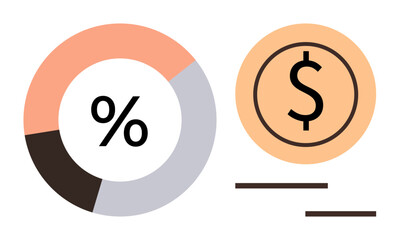 Abstract pie chart with percentage symbol and dollar icon illustrating financial concepts, monetary growth, and data analysis. Ideal for economy, profit, budget, statistics, investment, marketing