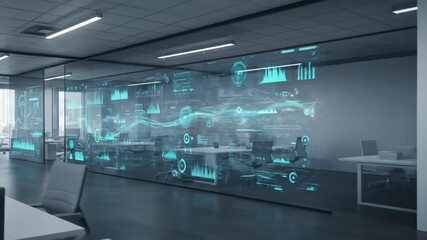 Futuristic Office Space with Holographic Data Displays for Innovative Collaboration - Powered by Adobe