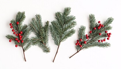 The image shows four sprigs of pine with red berries arranged on a white background, creating a wintery design.