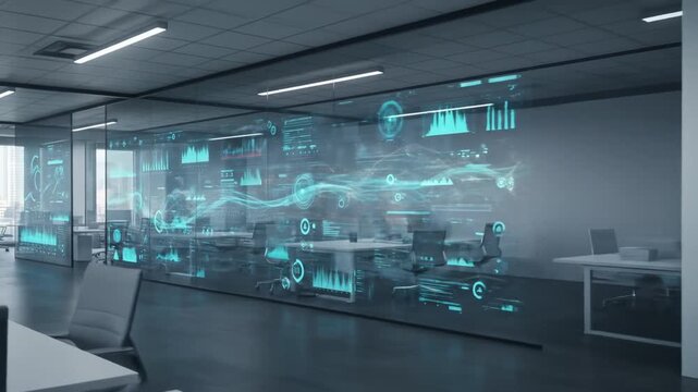 Futuristic Office Space with Holographic Data Displays for Innovative Collaboration