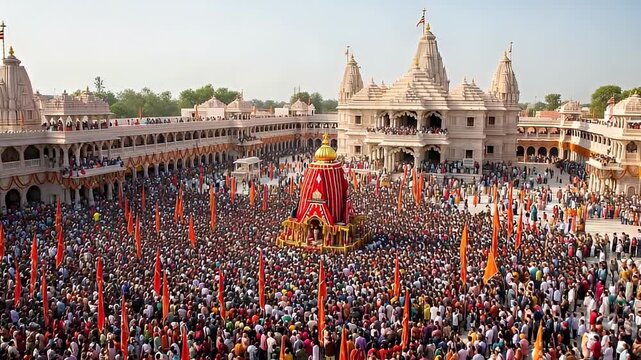 Massive Crowd Gathers at Elaborate White Temple Complex for Ratha Yatra Celebration with Ornate Chariot and Orange Flags Under Bright Sunlight