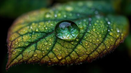 Stunning Macro Photography of a Single Dew Drop Reflecting Nature's Beauty on a Vibrant Green Leaf Detailed Textures and Natural Light Showcasing Delicate Water Droplets 