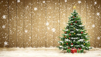 A snow-covered Christmas tree stands beside wrapped gifts against a wood background with falling snowflakes.