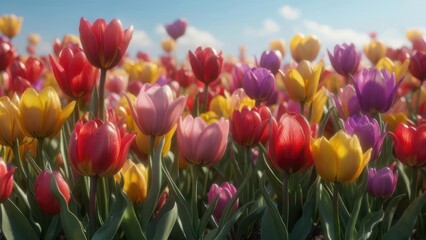 Obraz premium Vibrant tulip field under sunny sky