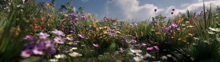 Obraz premium Vibrant wildflower blooming scene nature reserve landscape photography under clear sky lush environment natural beauty