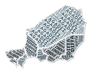 Niger shape text cloud. Country border with shadow on white background. Niger with regions division in vintage gazette style. Artistic vector illustration.