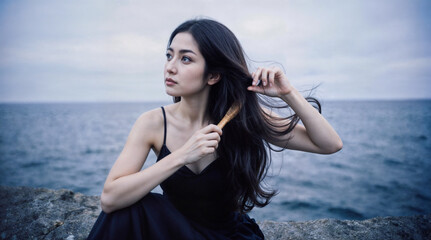 a woman wearing a black dress, sitting on a rocky surface near the ocean. They are brushing their long, dark hair with a wooden comb. The background features a calm sea under a cloudy
