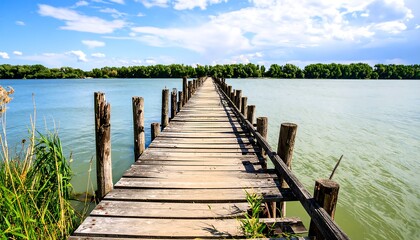 A weathered wooden bridge stretches across a serene lake under a partly cloudy sky.  Tranquil, picturesque