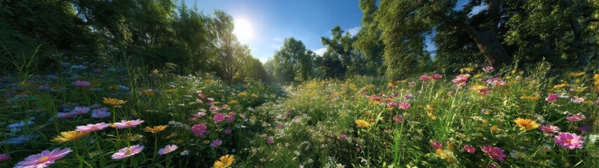 Vibrant wildflower blooming landscape serene natural environment scenic viewpoint nature photography