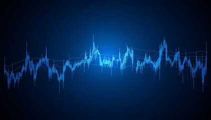 The illustration shows a dynamic line graph with vertical bars representing data points against a dark blue background.