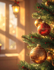 Christmas Ornaments on Tree in Warm Holiday Atmosphere